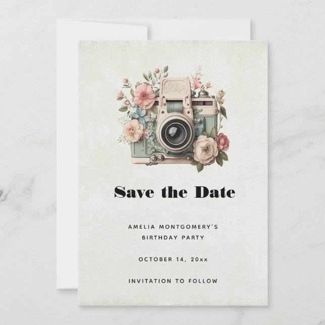 Camera with Flowers Retro Pastel Image Save The Date (Front)