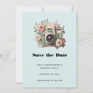 Camera with Flowers Retro Pastel Image Save The Date