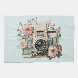 Camera with Flowers Retro Pastel Image Tea Towel