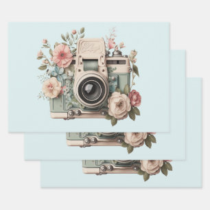 Camera with Flowers Retro Pastel Image Wrapping Paper Sheet