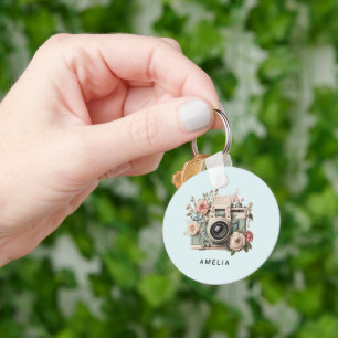 Camera with Flowers Retro Pastel Key Ring