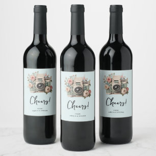 Camera with Flowers Retro Pastel Wine Label