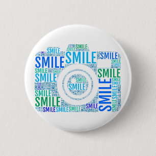 Camera word art, text design smile 6 cm round badge