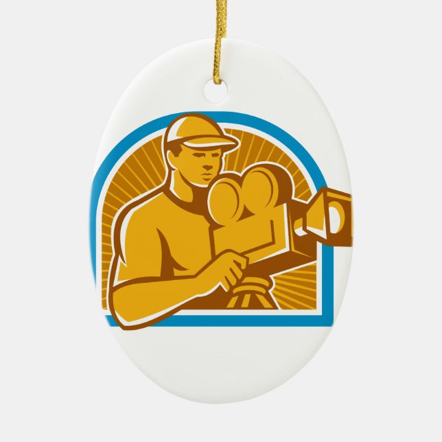 Cameraman Film Crew Vintage Movie Camera Retro Ceramic Tree Decoration (Front)