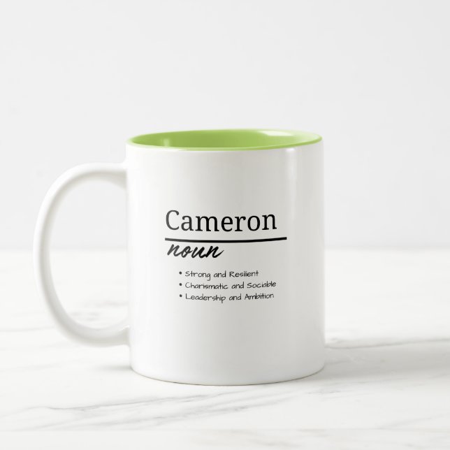 Cameron, Boy Personalised Name Definition Two-Tone Coffee Mug (Left)