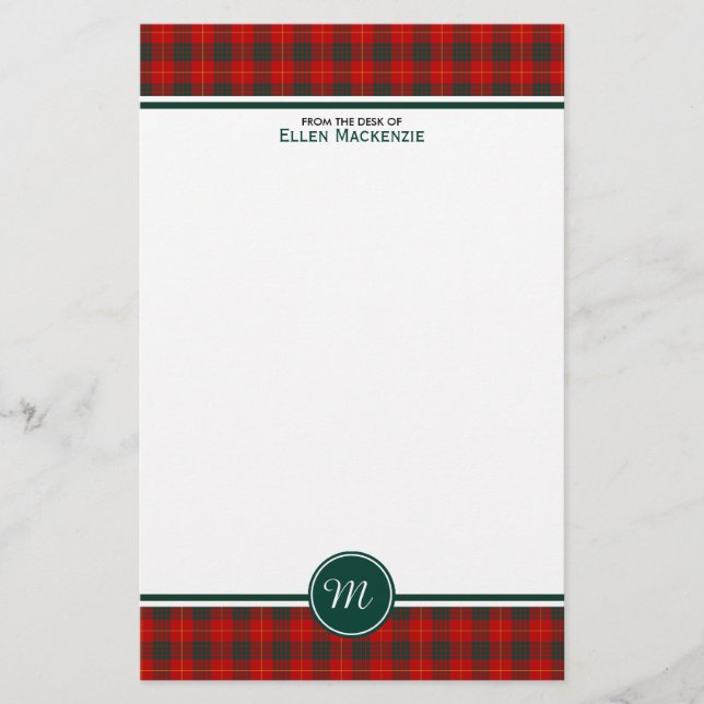 Cameron Family Tartan Red and Green Plaid Monogram Stationery (Front)