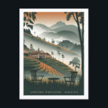 Cameron Highland Malaysia Postcard<br><div class="desc">A serene and nostalgic depiction of the Cameron Highlands, a lush hill station in Malaysia known for its cool climate, tea plantations, and verdant landscapes. The design captures the sweeping views of terraced tea fields, misty mountains, and charming colonial-era buildings nestled among the greenery. Rendered in a vintage style, the...</div>