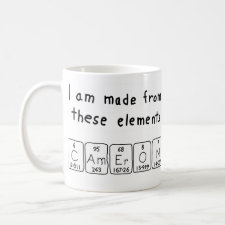 Mug featuring the name Cameron spelled out in symbols of the chemical elements