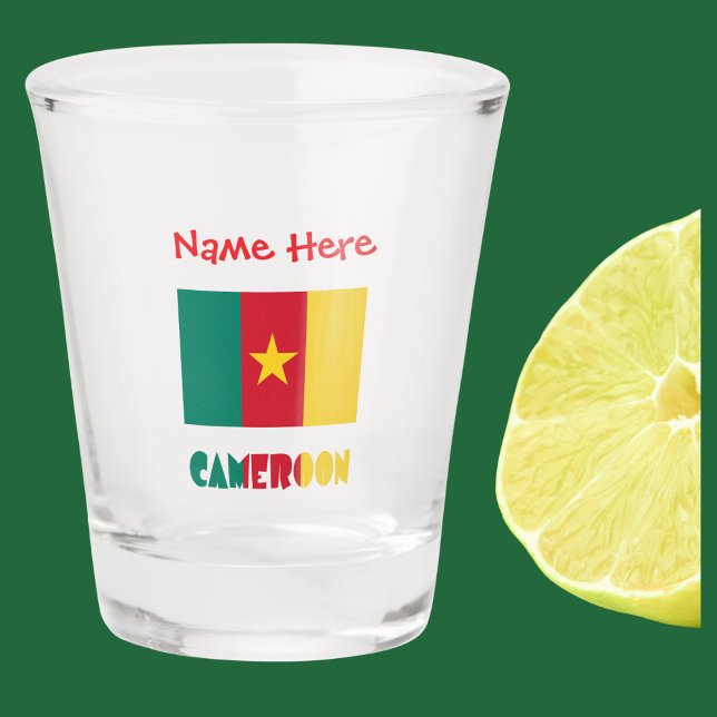 Cameroon Cameroonian Flag Red Personalised  Shot Glass (Cameroonian Flag on shot glass with word CAMEROON below in flag colors. Ádd name in red text above.)