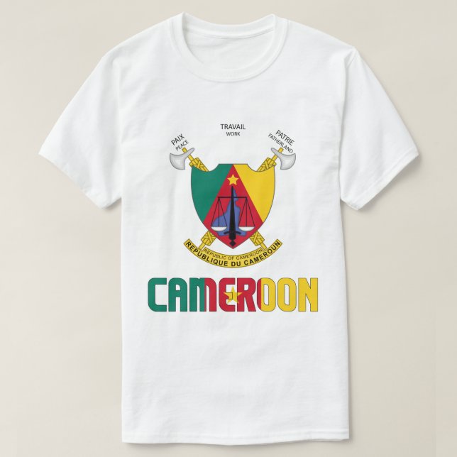 Cameroon Flag and Coat Of Arms Patriotic T-Shirt (Design Front)