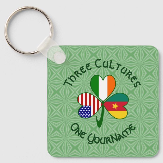 Cameroon Irish USA Flags Shamrock Your Name Key Ring (Front)