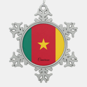 Cameroon snowflake, Cameroon Flag Snowflake Pewter Christmas Ornament