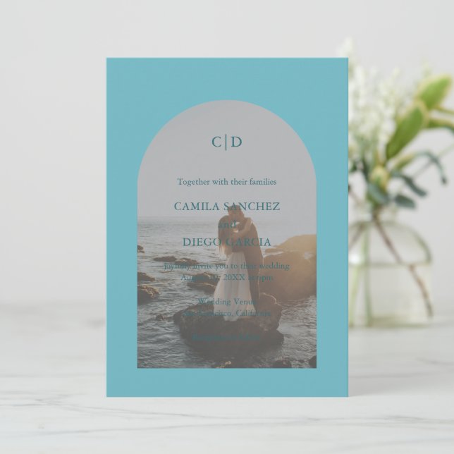 Camila Aqua Arch Modern Wedding Invitation (Standing Front)