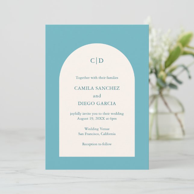 Camila Aqua Arch Modern Wedding Invitation (Standing Front)