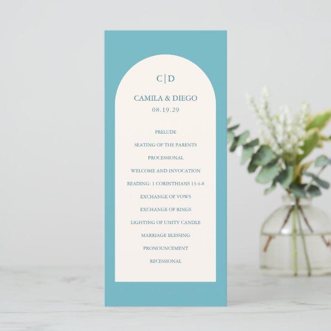 Camila Aqua Arch Modern Wedding Programme (Standing Front)