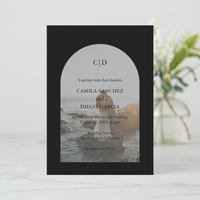 Camila Black Arch Modern Wedding Invitation (Standing Front)