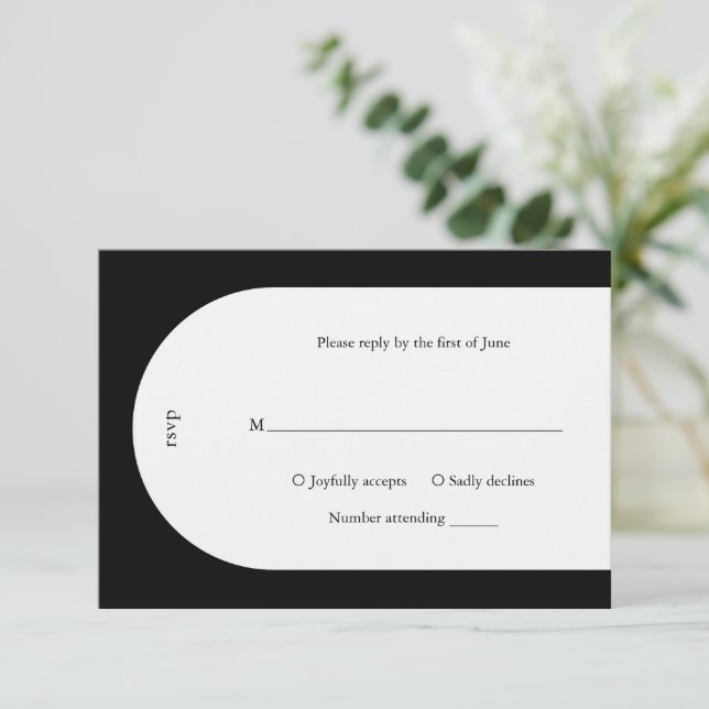 Camila Black Arch Modern Wedding RSVP Card (Standing Front)