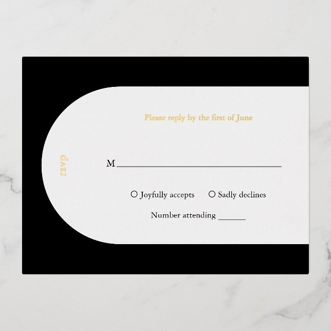 Camila Black Arch Modern Wedding RSVP Foil Invitation Postcard (Front)