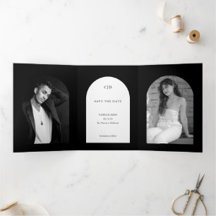 Camila Black Arch Modern Wedding Save the Date Tri-Fold Announcement
