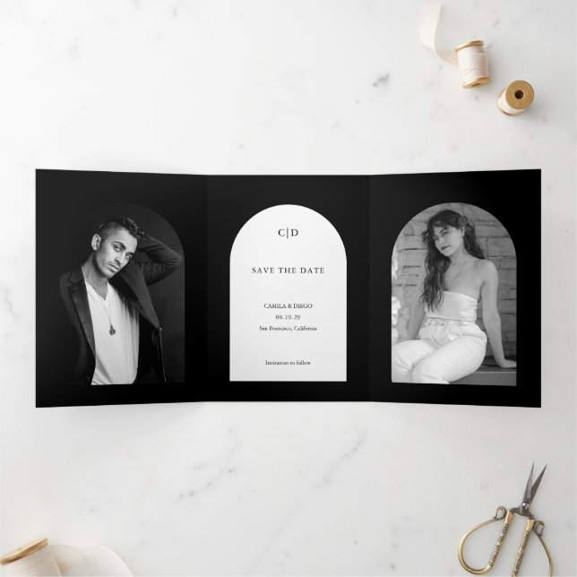 Camila Black Arch Modern Wedding Save the Date Tri-Fold Announcement (Inside)