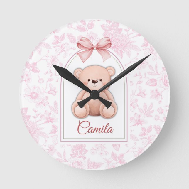 Camila | Custom Pink Teddy Bear Nursery Design  Round Clock (Front)
