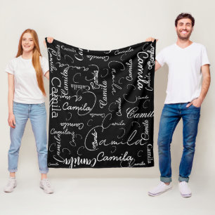 Camila custom white names repeated on black fleece blanket