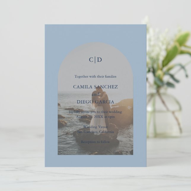 Camila Dusty Blue Arch Modern Wedding Invitation (Standing Front)