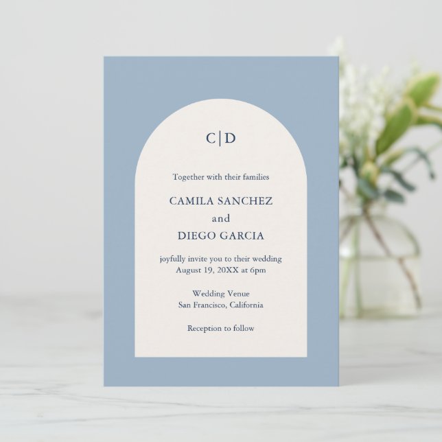 Camila Dusty Blue Arch Modern Wedding Invitation (Standing Front)