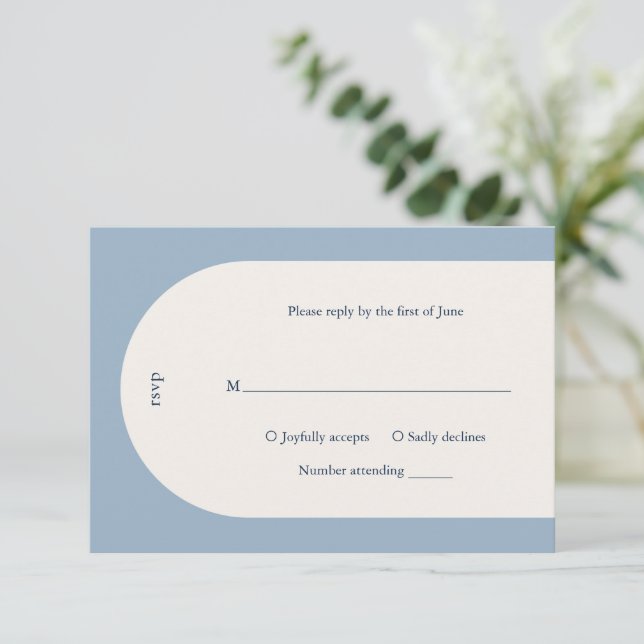 Camila Dusty Blue Arch Modern Wedding RSVP Card (Standing Front)