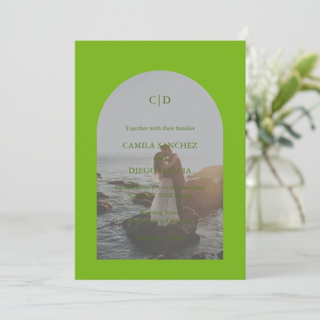 Camila Green Arch Modern Wedding Invitation (Standing Front)