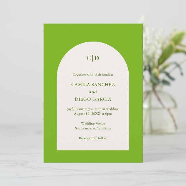 Camila Green Arch Modern Wedding Invitation (Standing Front)
