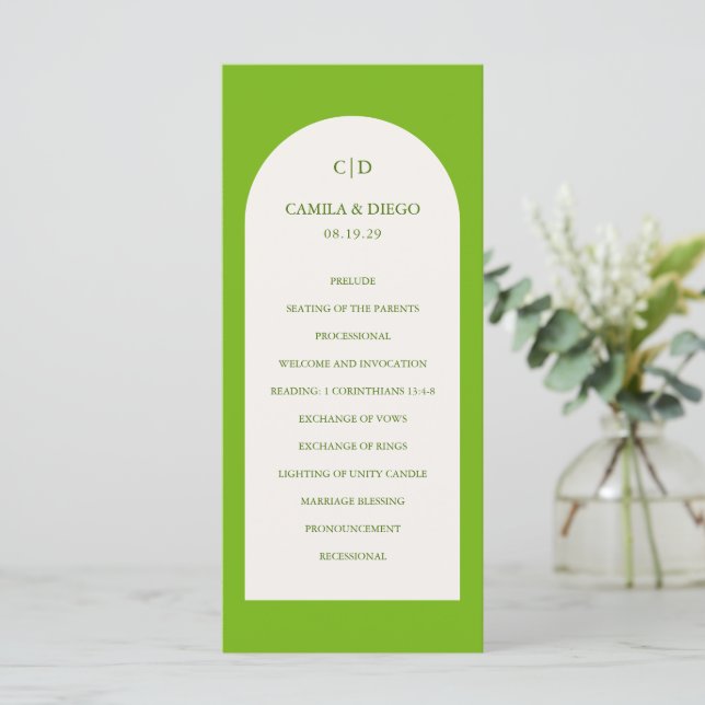 Camila Green Arch Modern Wedding Programme (Standing Front)