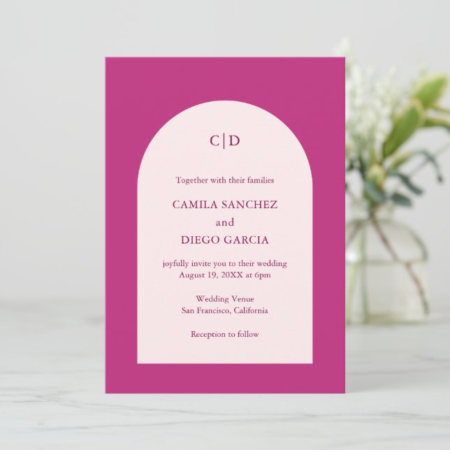 Camila Pink Arch Modern Wedding Invitation (Standing Front)