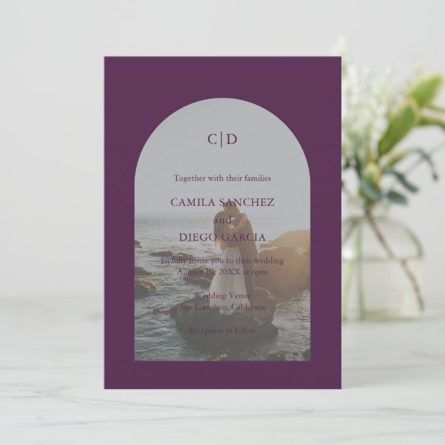 Camila Purple Arch Modern Wedding Invitation (Standing Front)