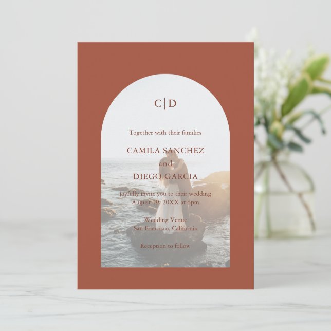 Camila Rust Arch Modern Wedding Invitation (Standing Front)