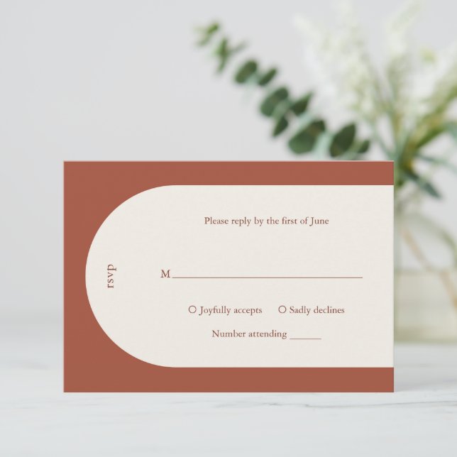 Camila Rust Arch Modern Wedding RSVP Card (Standing Front)