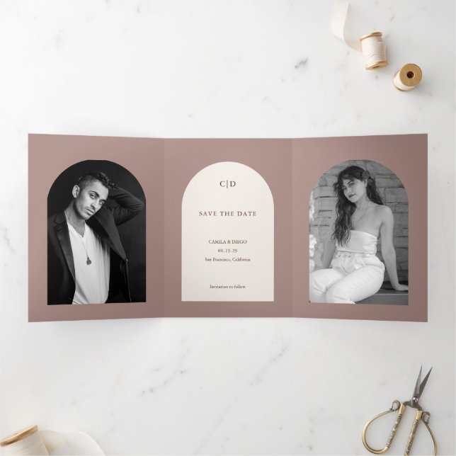 Camila Taupe Arch Modern Wedding Save the Date Tri-Fold Announcement (Inside)