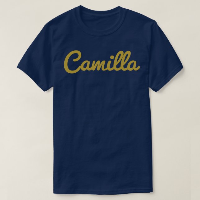 Camilla Cursive Script Typography Gold Text T-Shirt (Design Front)