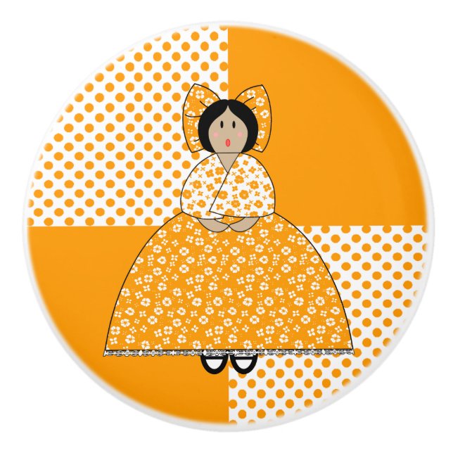 Camille Doll With Orange Polka Dot Background Ceramic Knob (Front)