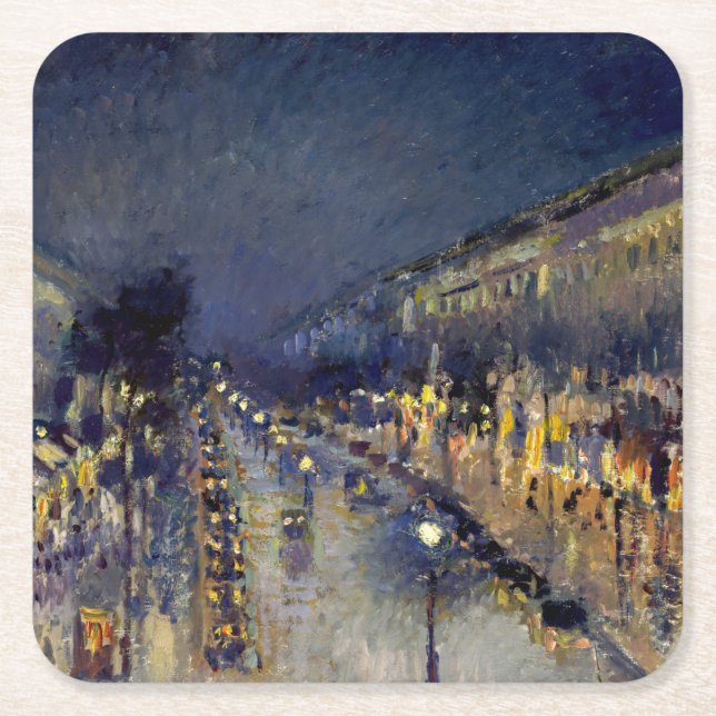 Camille Pissarro - Boulevard Montmartre at Night Square Paper Coaster (Front)