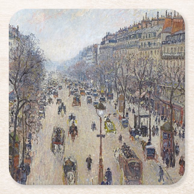 Camille Pissarro - Boulevard Montmartre, morning Square Paper Coaster (Front)