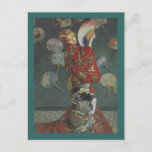 Camille with Japanese Kimono and Fan Postcard<br><div class="desc">Camille in Japanese costume as painted by Monet 1875. Brilliant red kimono and fans on turquoise background.  Camille wearing kimona and holding a fan.</div>