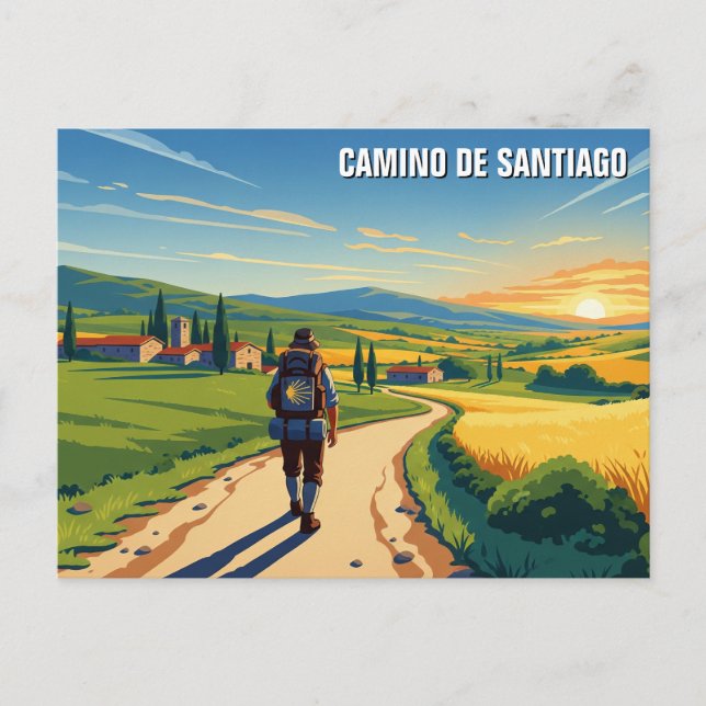 Camino de Santiago Hiker Sunset Holiday Postcard (Front)