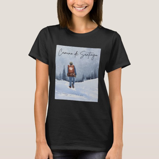 Camino de Santiago Winter Snow Pilgrim Scallop She T-Shirt (Front)