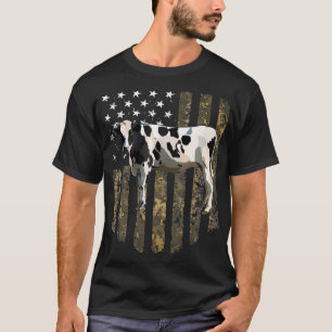 Camo American Flag Black White Cow 4th Of July Far T-Shirt