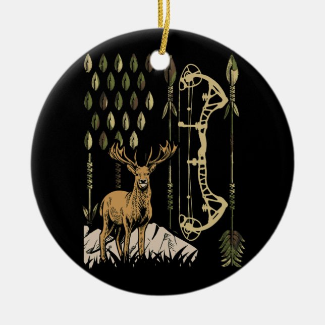 Camo American Flag Bowhunting Bow Archery Deer Ceramic Tree Decoration (Front)