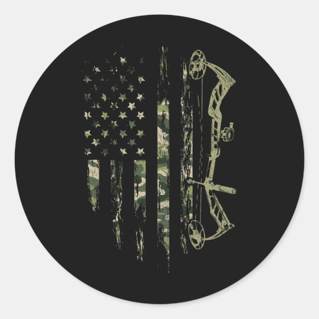 Camo American Flag Bowhunting Bow Archery Deer Hun Classic Round Sticker (Front)