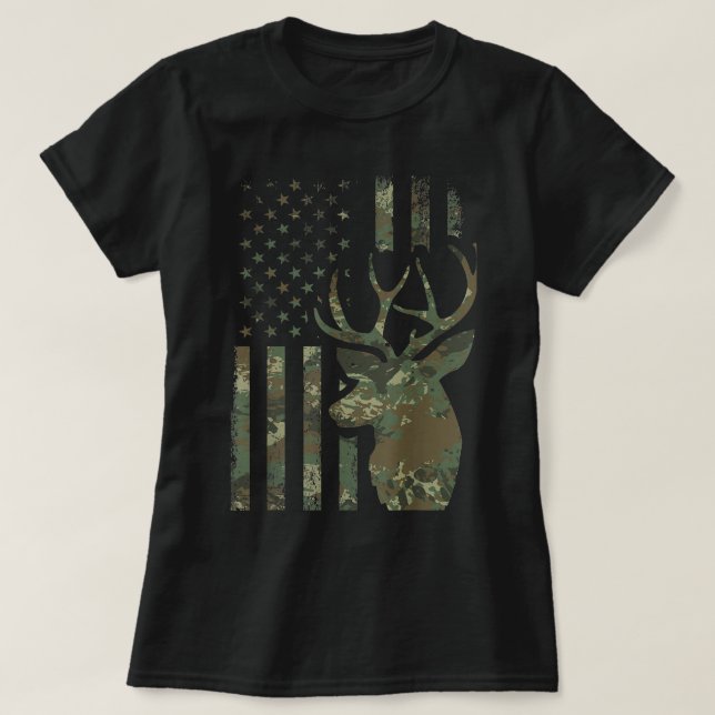 Camo American Flag Buck Hunting Gift for Elk Deer  T-Shirt (Design Front)