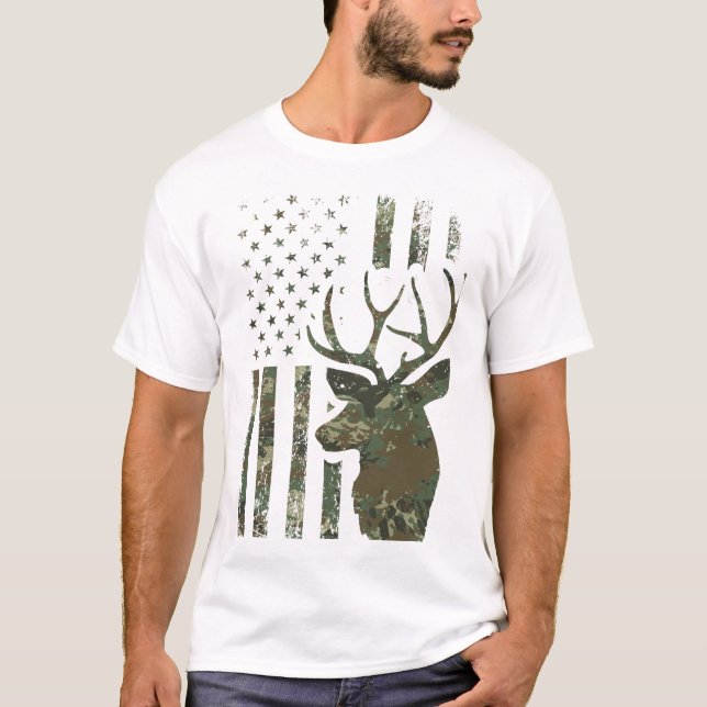 Camo American Flag Buck Hunting Gift For Elk  T-Shirt (Front)