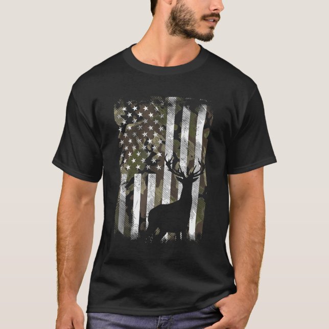 Camo American Flag Deer Hunter Hunting T-Shirt (Front)